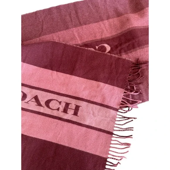 NWT Coach Wool Varsity Stripe Oversized Muffler Scarf F76388 Wine Pink Fringe - Picture 3 of 10